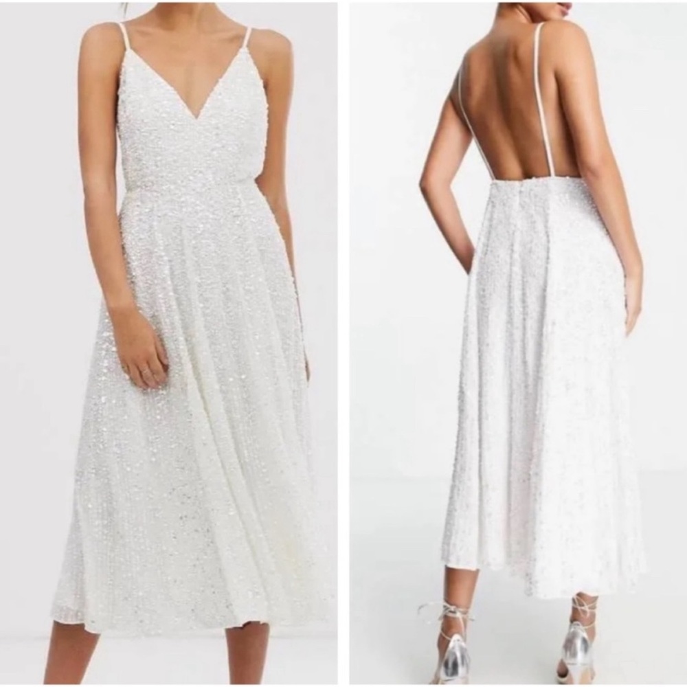 ASOS Bridal White Sequin Midi Dress, size 4, NWT